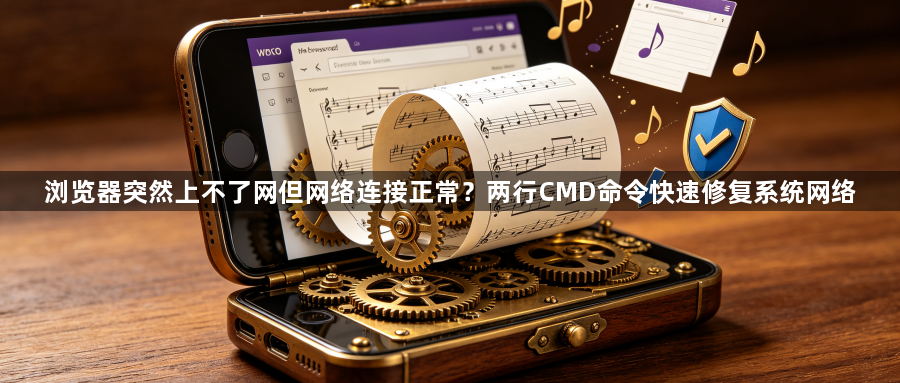 浏览器突然上不了网但网络连接正常？两行CMD命令快速修复系统网络1